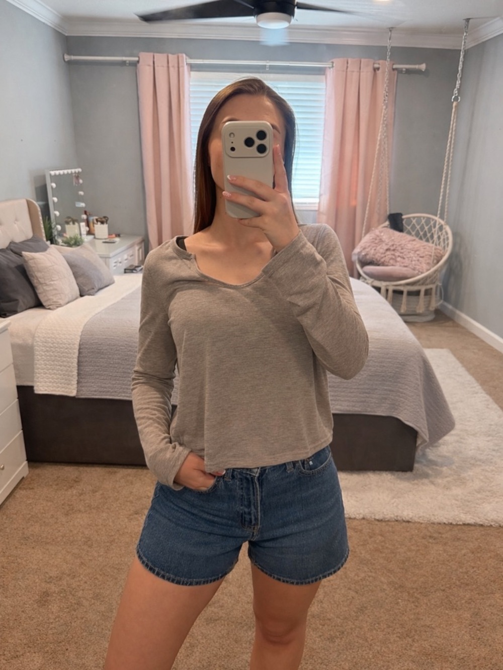 SHEIN Beige Long Sleeve V-Neck Top